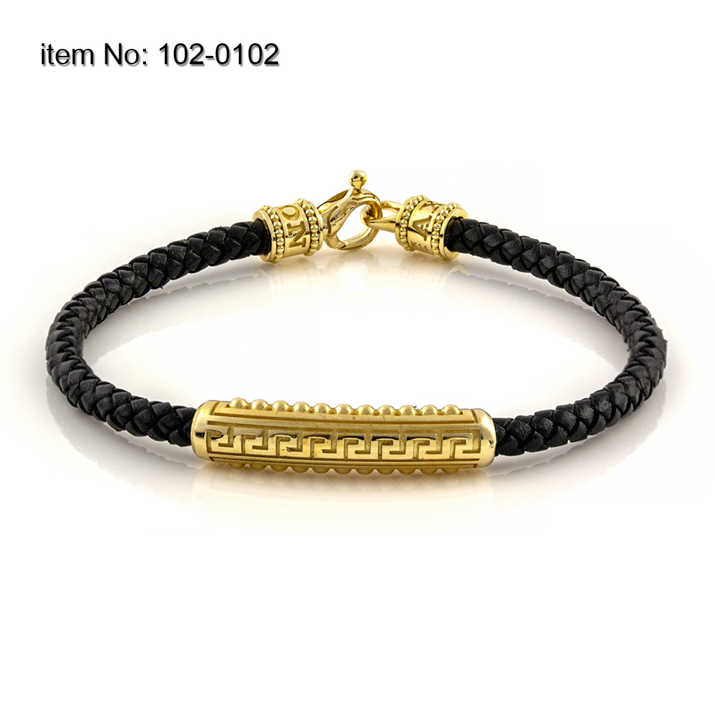 K14 Gold Bracelet with greek design and braided genuine leather