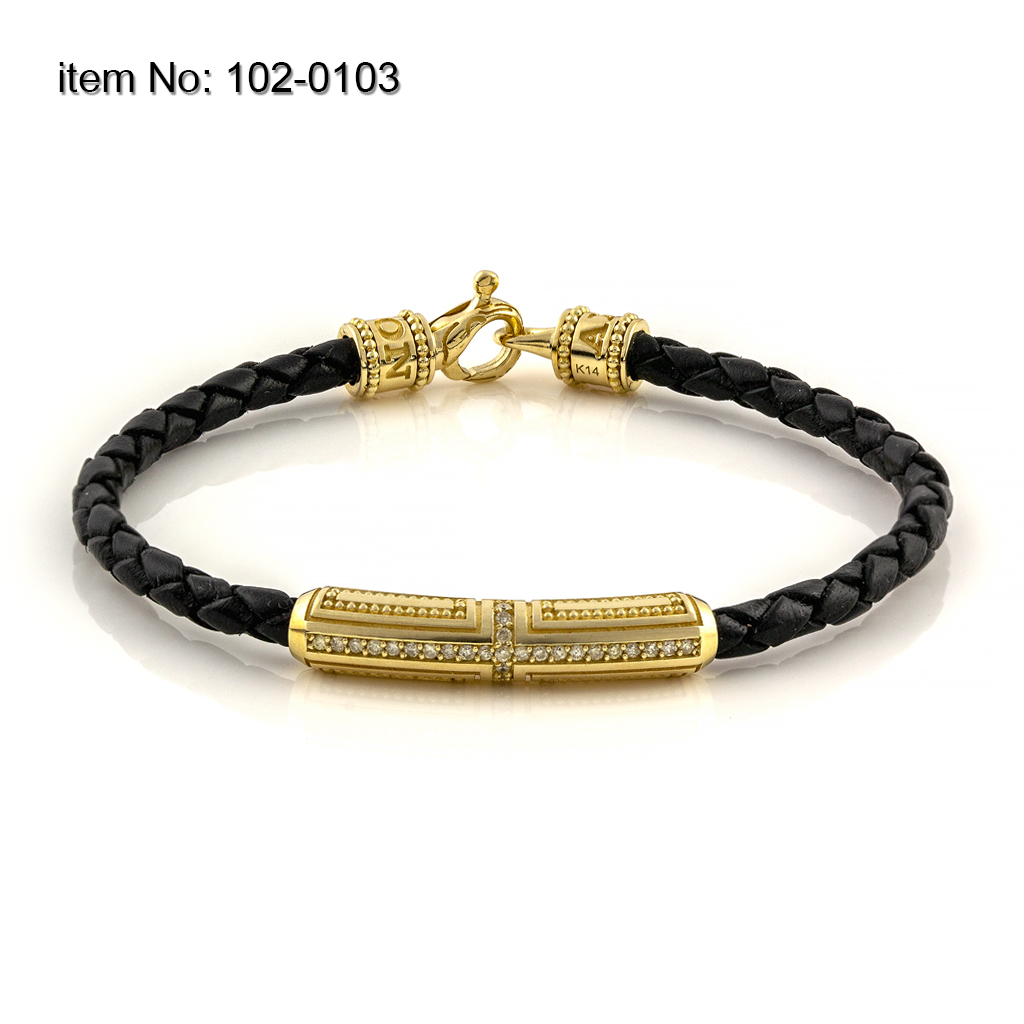 K14 Gold Bracelet with motifs and diamonds and braided genuine leather