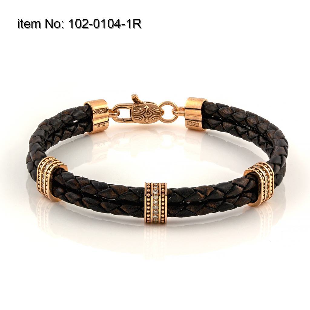 K14 Gold Bracelet with motifs and diamonds and braided genuine leather