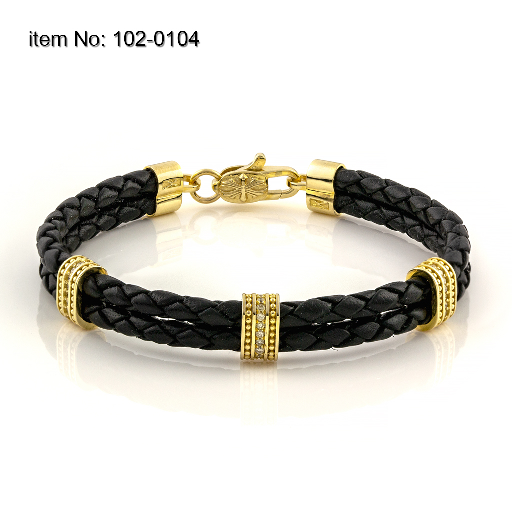 K14 Gold Bracelet with motifs and diamonds and braided genuine leather