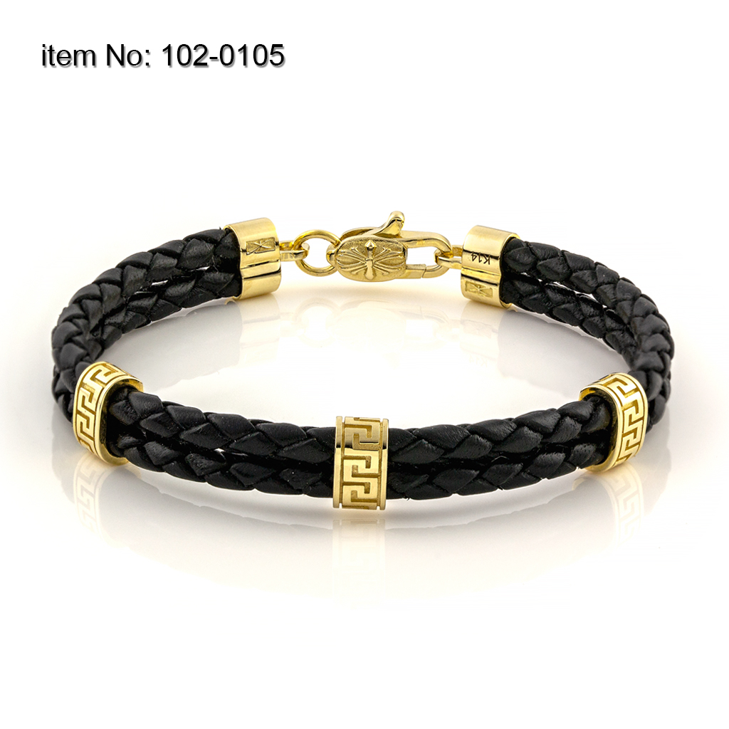 K14 Gold Bracelet with greek design and braided genuine leather