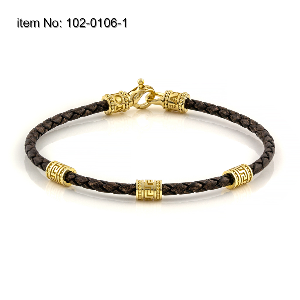 K14 Gold Bracelet with greek design and braided genuine leather