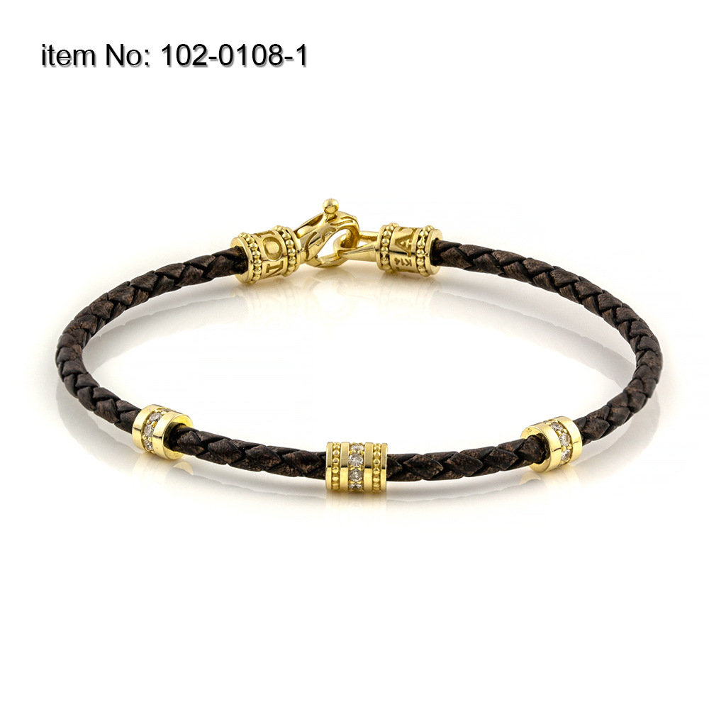 K14 Gold Bracelet with motifs and diamonds and braided genuine leather