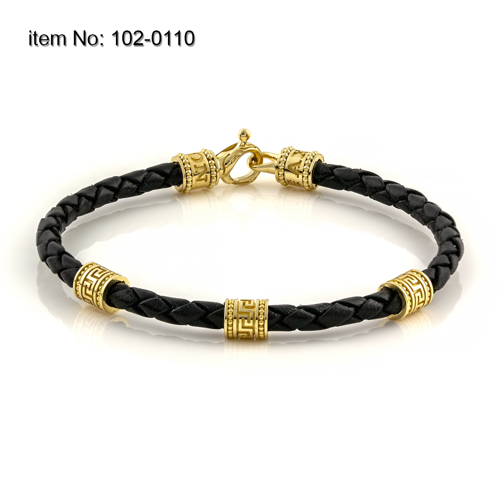 K14 Gold Bracelet with greek design and braided genuine leather