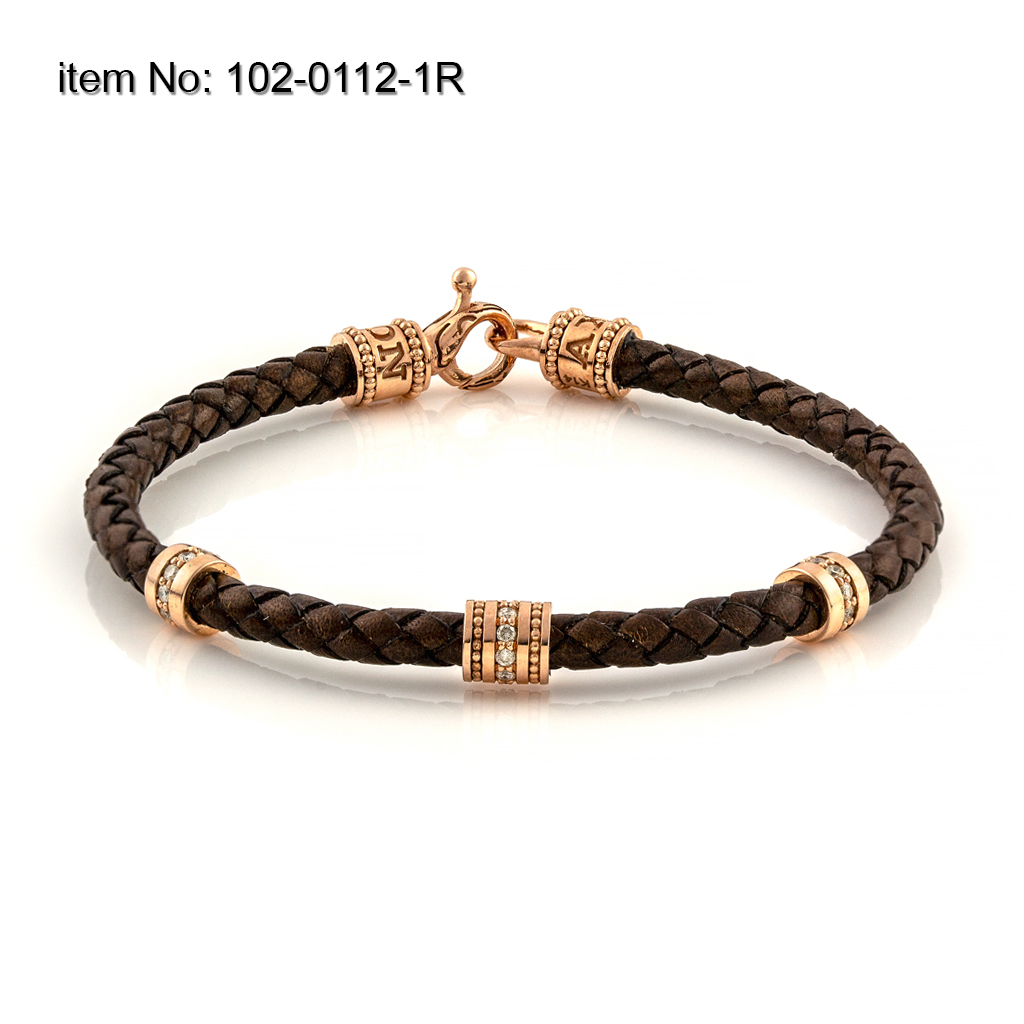 K14 Gold Bracelet with motifs and diamonds and braided genuine leather