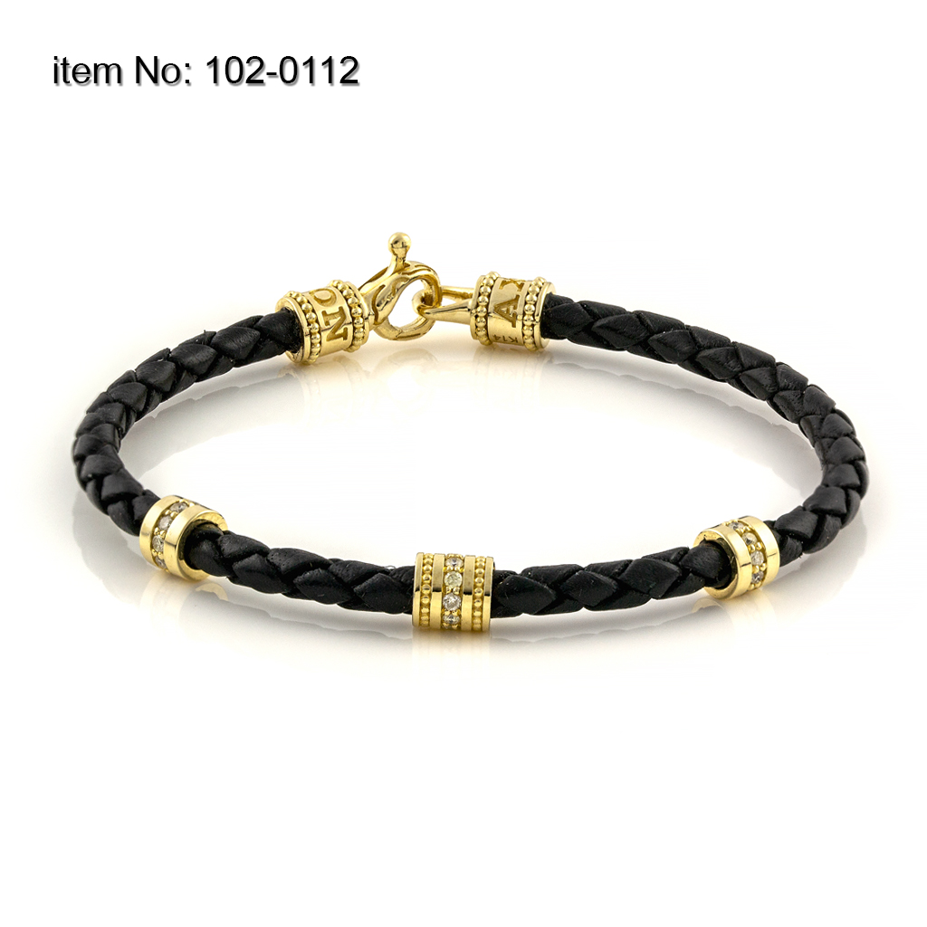 K14 Gold Bracelet with motifs and diamonds and braided genuine leather