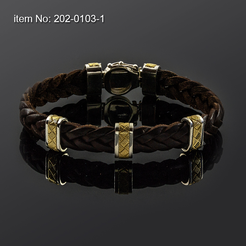 Bracelet with Sterling Silver & K14 Gold with motifs and braided genuine leather