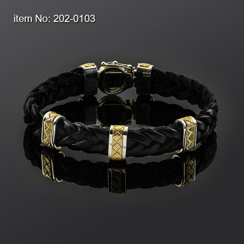 Bracelet with Sterling Silver & K14 Gold with motifs and braided genuine leather