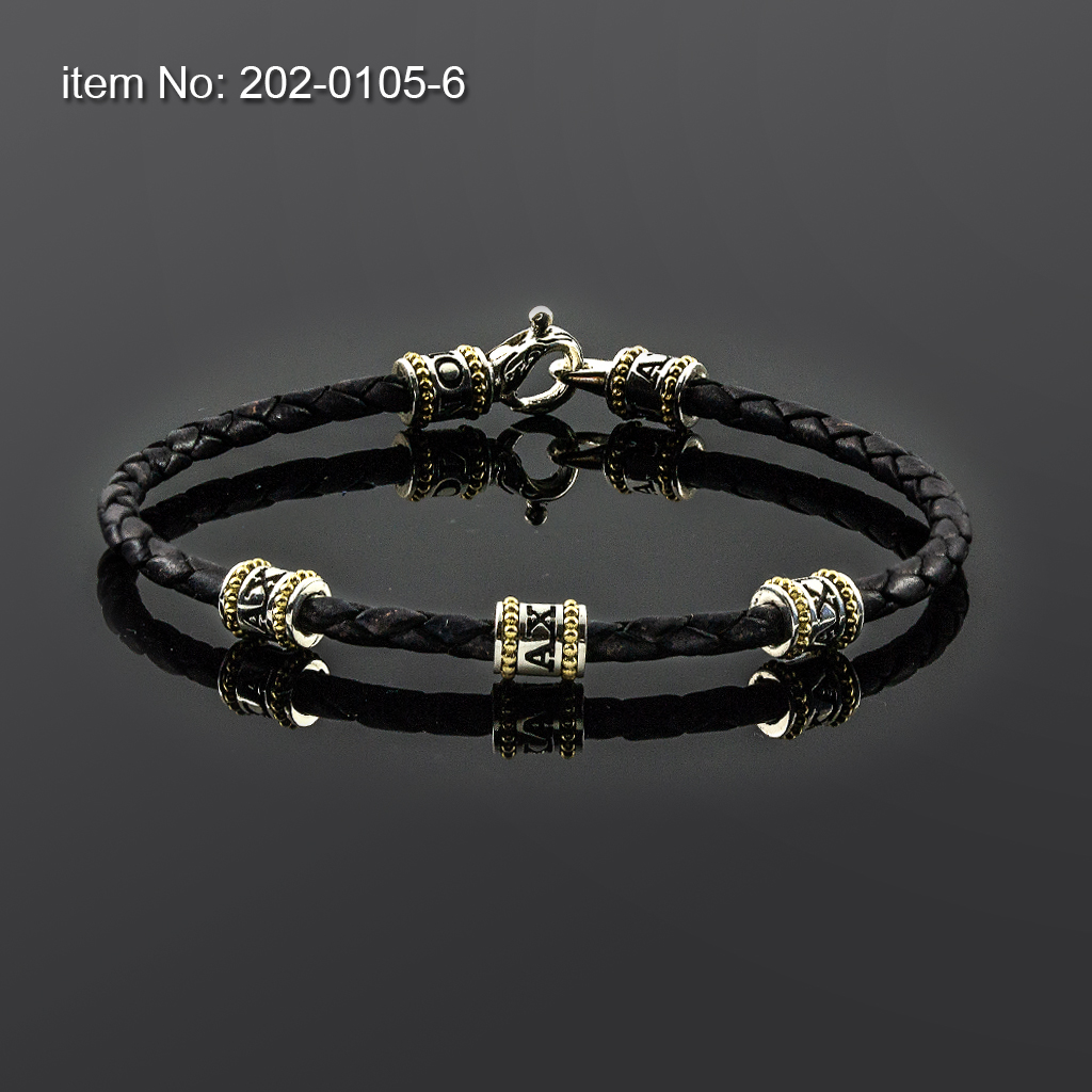 Bracelet with Sterling Silver & K14 Gold with Axion motifs and braided genuine leather