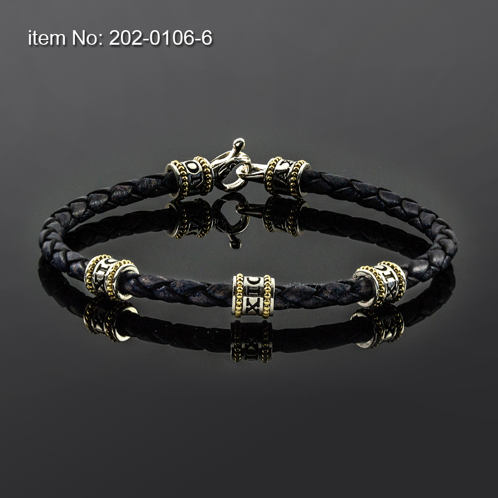 Bracelet with Sterling Silver & K14 Gold with Axion motifs and braided genuine leather