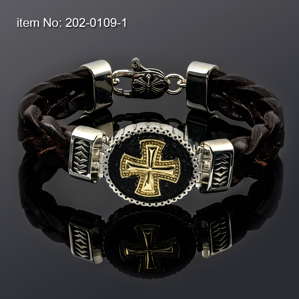 Bracelet with Heavy Sterling Silver & K14 Gold with cross and braided genuine leather