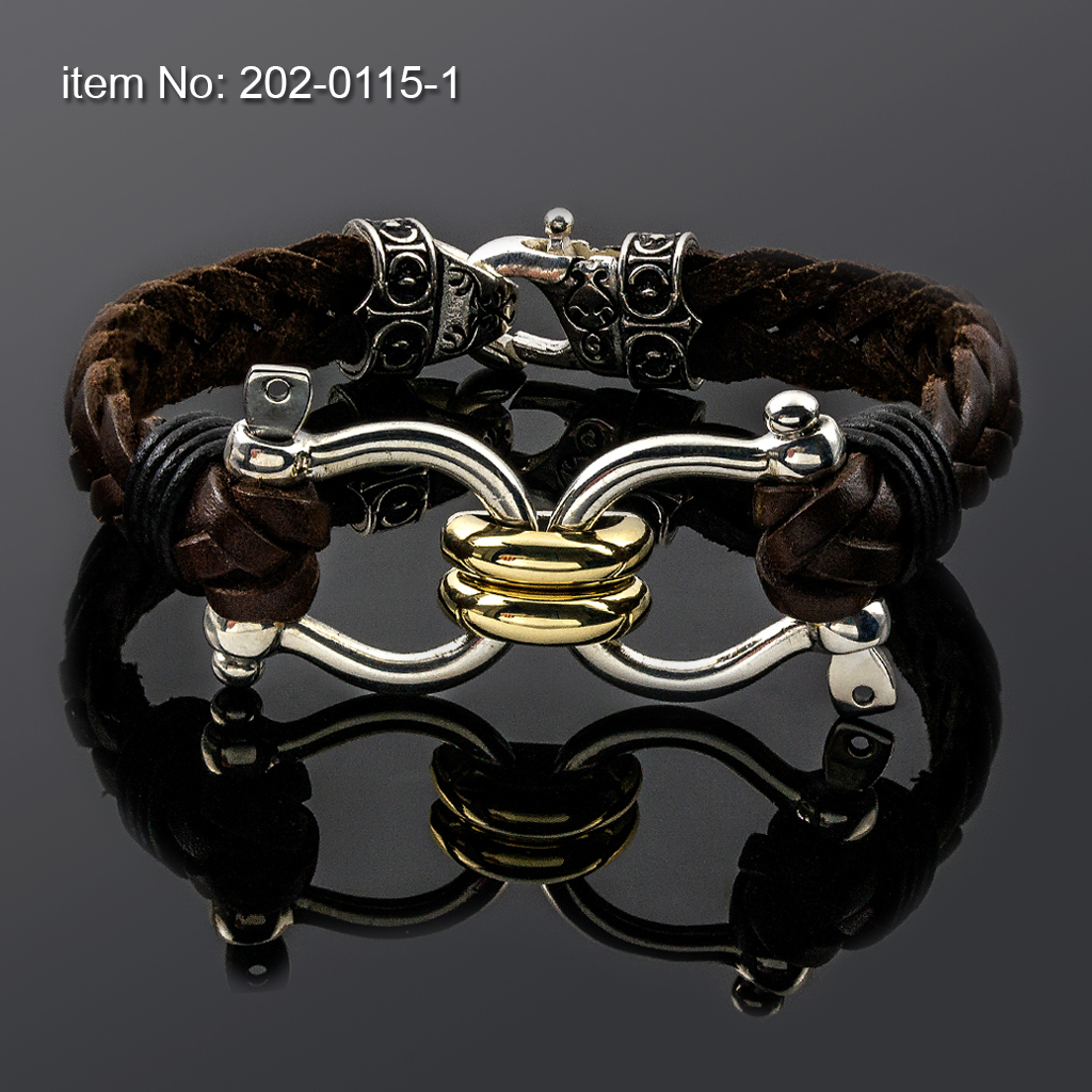 Bracelet with Sterling Silver & K14 Gold double links bracing two large sailor's keys and braided genuine leather