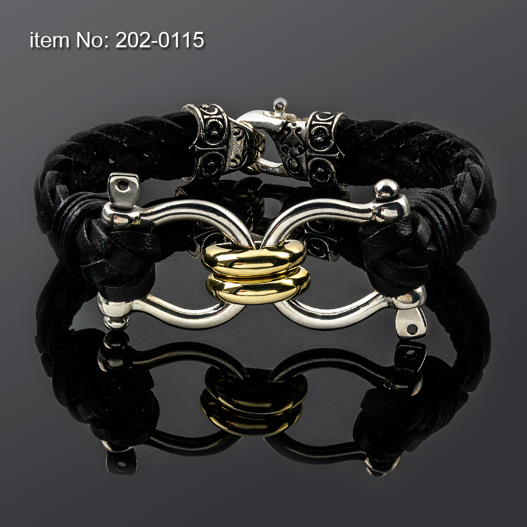 Bracelet with Sterling Silver & K14 Gold double links bracing two large sailor's keys and braided genuine leather