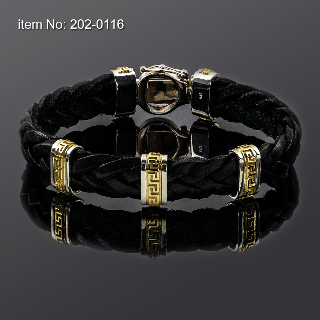 Bracelet with Sterling Silver & K14 Gold with Greek key motifs and braided genuine leather