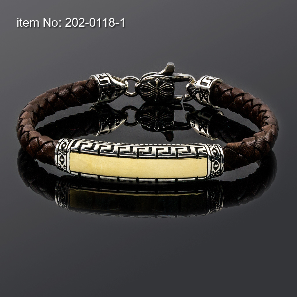 Bracelet with Sterling Silver & K14 Gold name plate set greek key and braided genuine leather