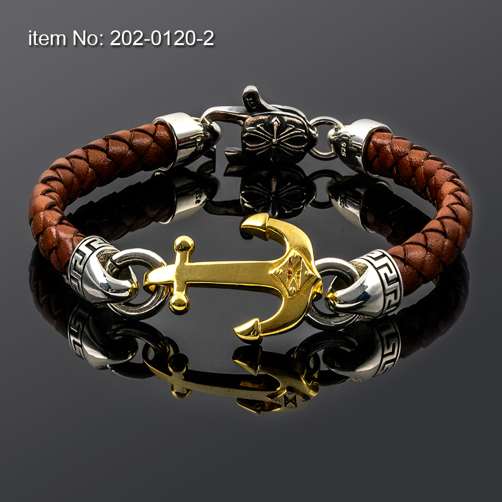 Bracelet with Sterling Silver & K14 Gold anchor and braided genuine leather