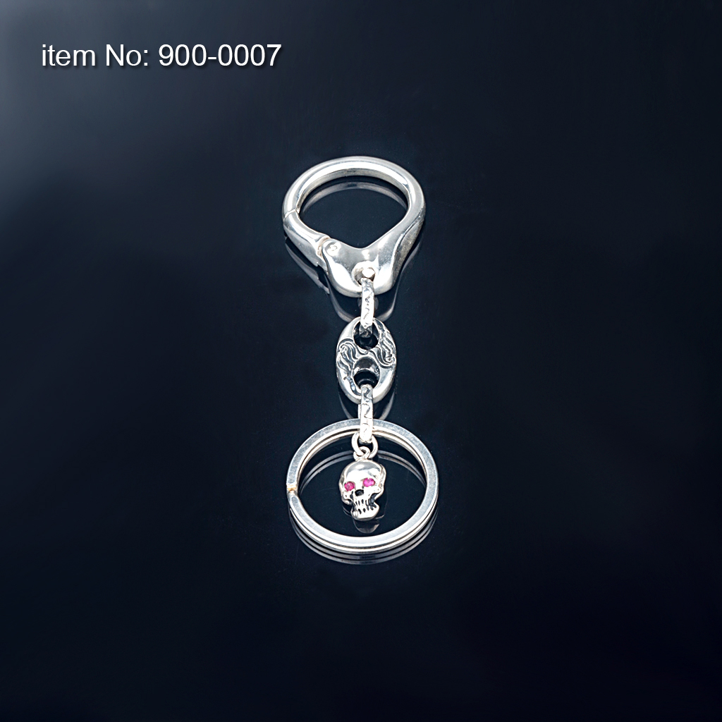 Sterling Silver key ring Skull with pink eyes