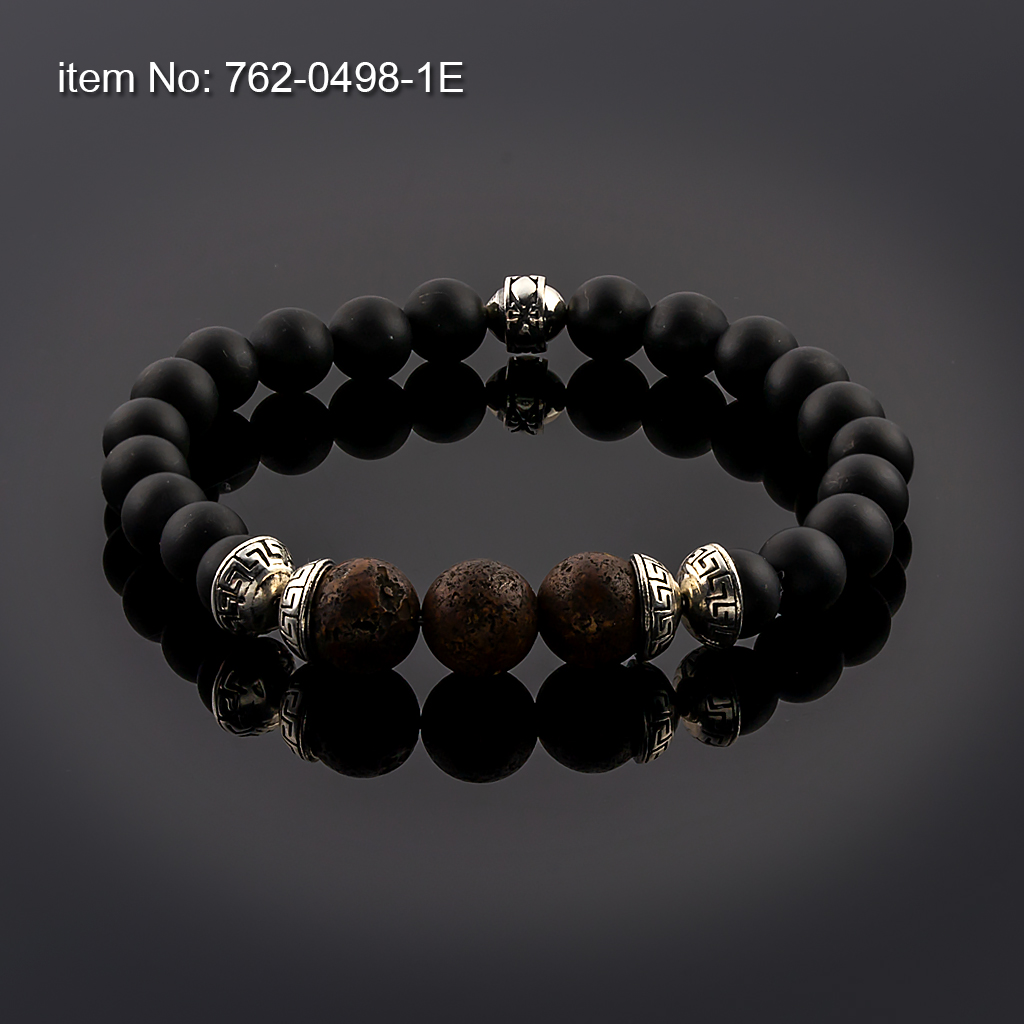 Bracelet with sterling silver Greek Key design cups on 8mm Black Onyx and 10mm Agate Beads tied with elastic silicone cord