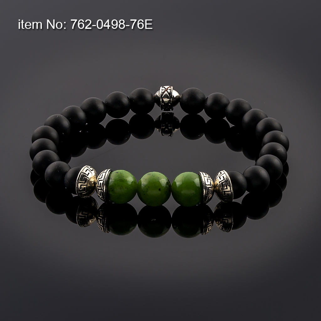 Bracelet with sterling silver Greek Key design cups on 8mm Black Onyx and 10mm Jade Beads tied with elastic silicone cord