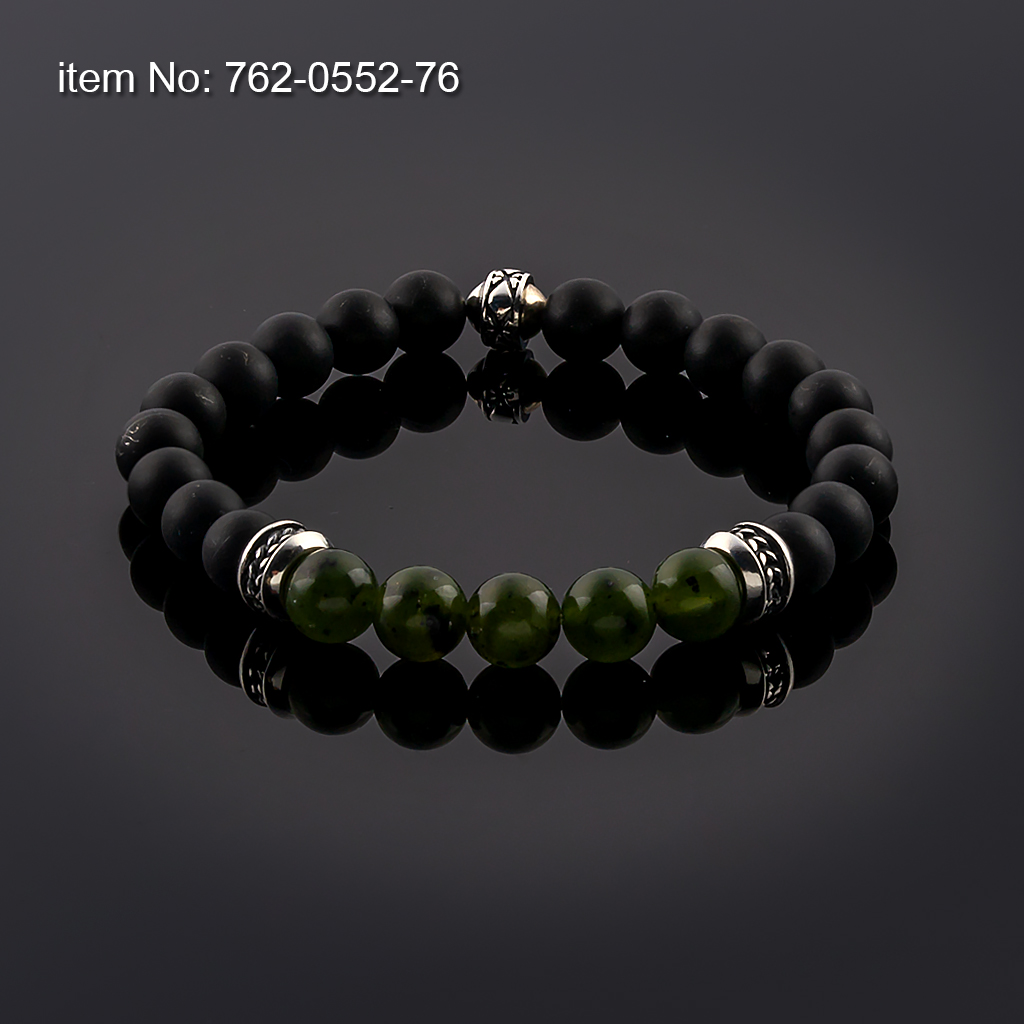 Bracelet with Sterling Silver washer on 8 mm Canadian Jade and Black Onyx beads with elastic silicone cord
