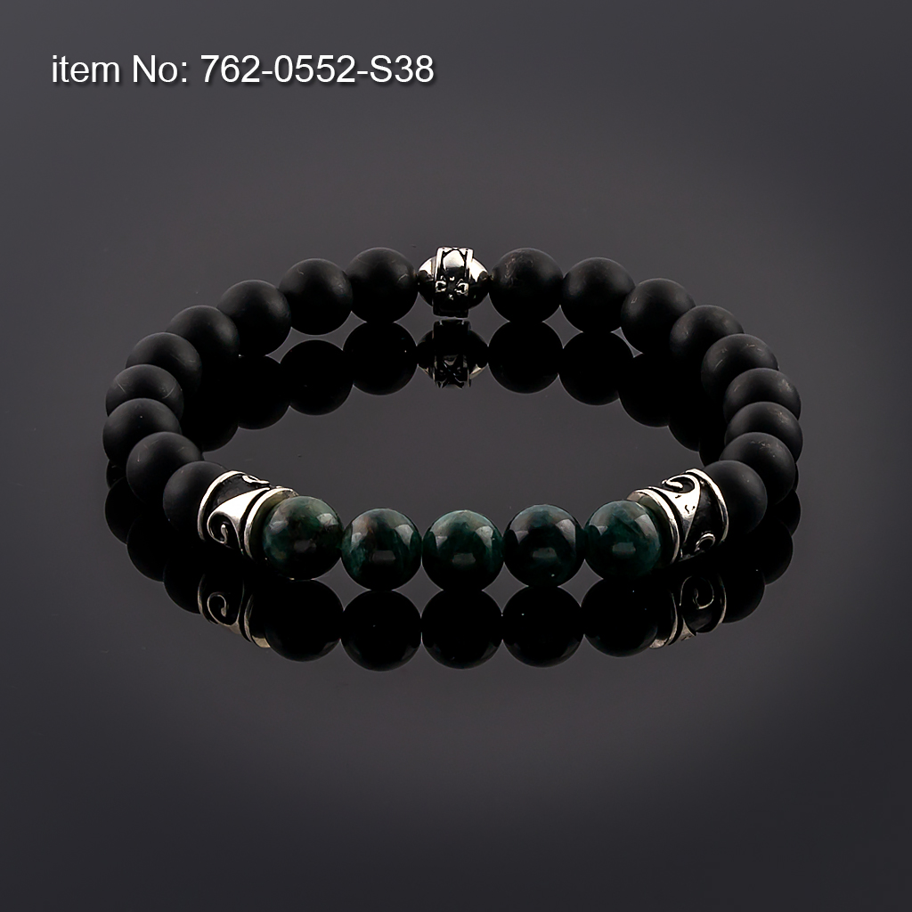 Bracelet with Sterling Silver spiral design on 8 mm Apatite and Black Onyx beads with elastic silicone cord