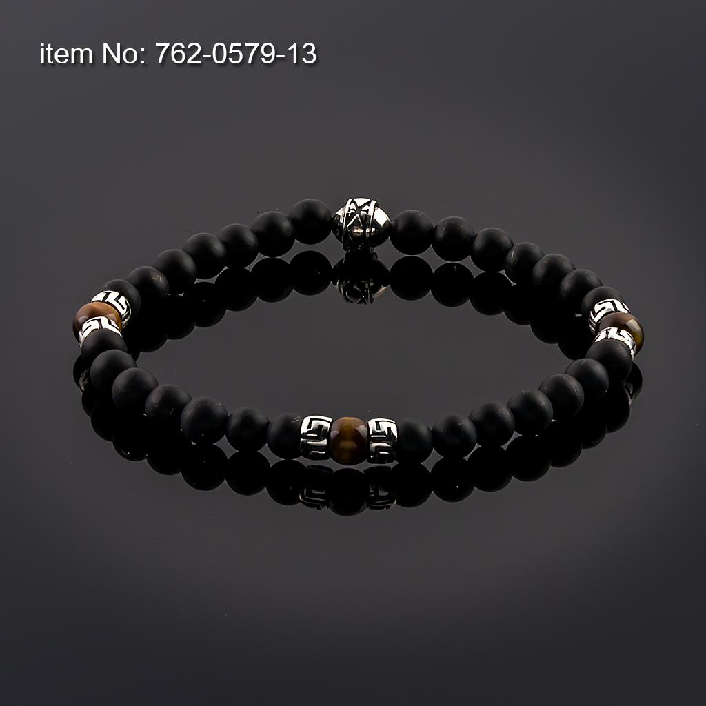 Bracelet Black Onyx and Jasper Beads 6mm with sterling silver Greek Key design tied with elastic cord