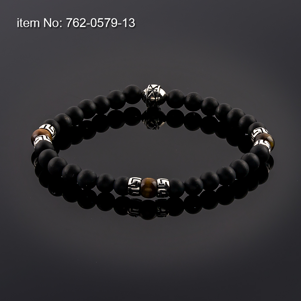 Βραχιόλι με Black Onyx και Jasper Χάντρες 6mm με ασημένιο σχέδιο μαίανδρος δεμένο με ελαστικό κορδόνι σιλικόνης