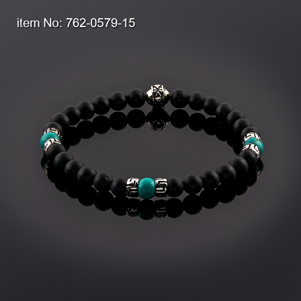 Bracelet Black Onyx and Turquoise Beads 6mm with sterling silver Greek Key design tied with elastic cord