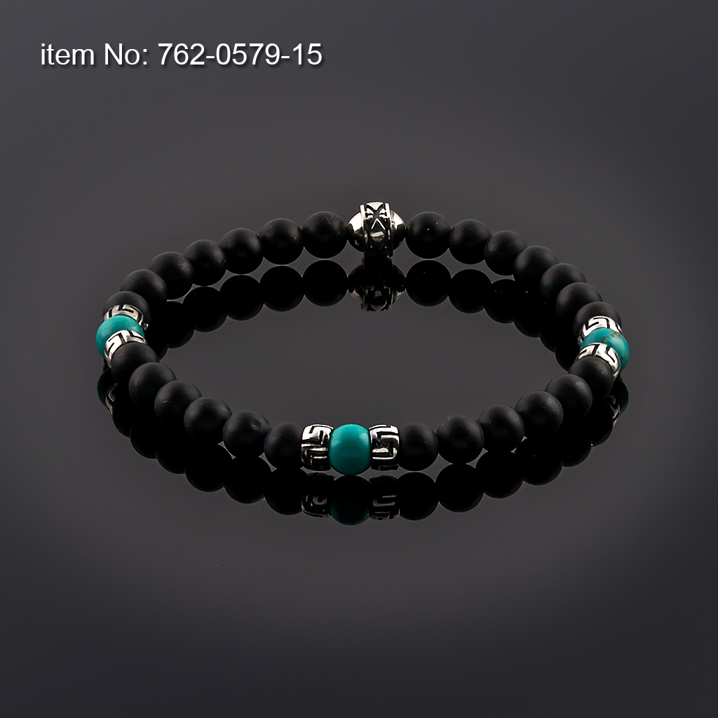 Βραχιόλι με Black Onyx και Turquoise Χάντρες 6mm με ασημένιο σχέδιο μαίανδρος δεμένο με ελαστικό κορδόνι σιλικόνης