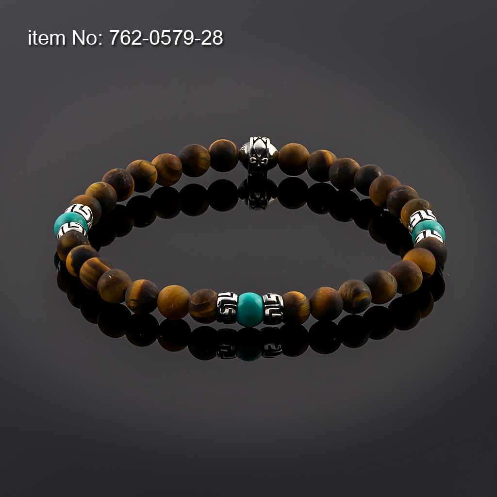 Bracelet Tiger Eye and Turquoise Beads 6mm with sterling silver Greek Key design tied with elastic cord