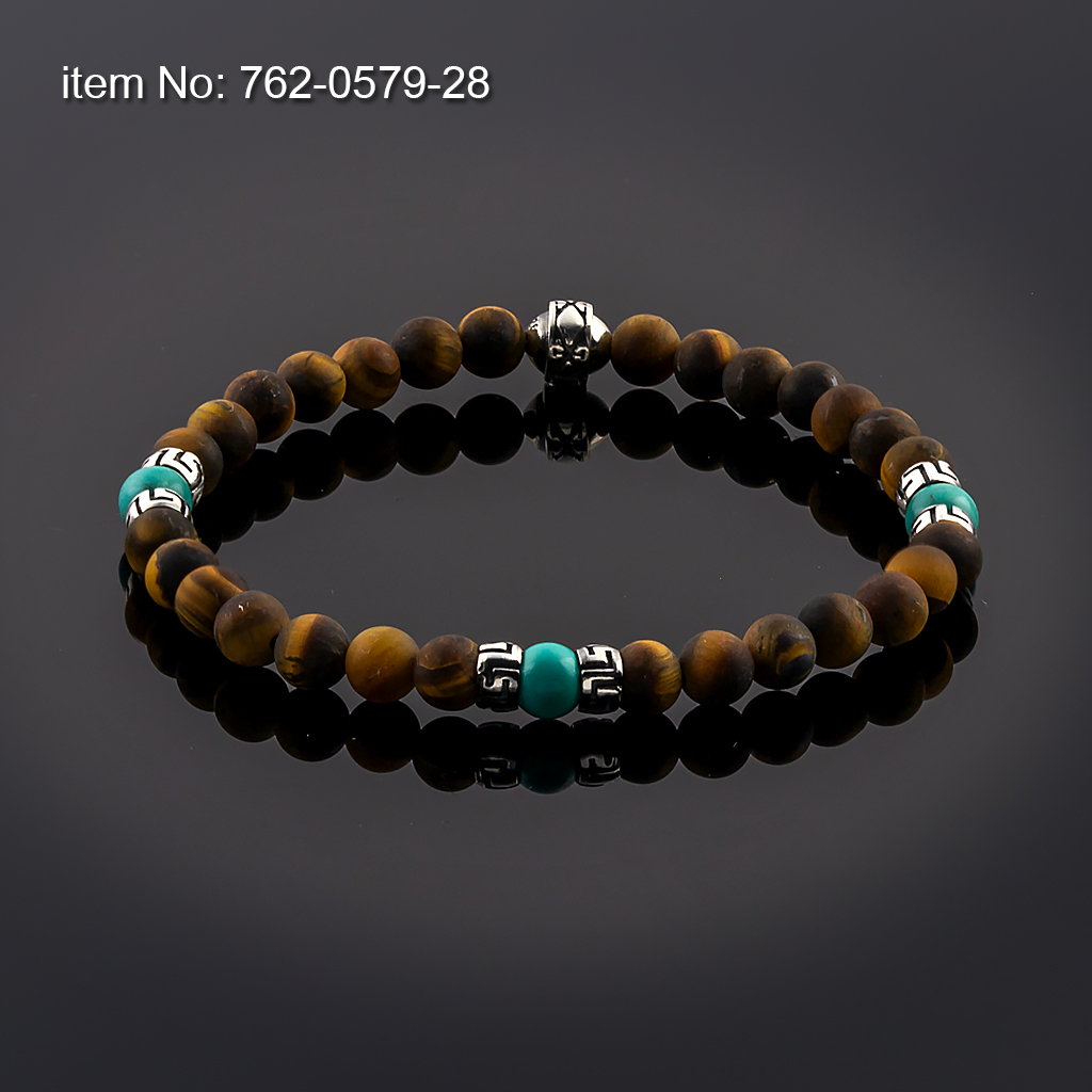 Βραχιόλι με Tiger Eye και Turquoise Χάντρες 6mm με ασημένιο σχέδιο μαίανδρος δεμένο με ελαστικό κορδόνι σιλικόνης