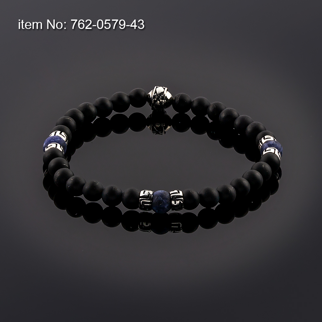 Βραχιόλι με Black Onyx και Lapis Lazuli Χάντρες 6mm με ασημένιο σχέδιο μαίανδρος δεμένο με ελαστικό κορδόνι σιλικόνης