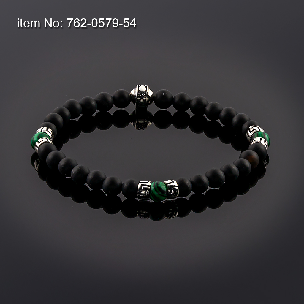 Bracelet Black Onyx and Comelian Beads 6mm with sterling silver Greek Key design tied with elastic cord