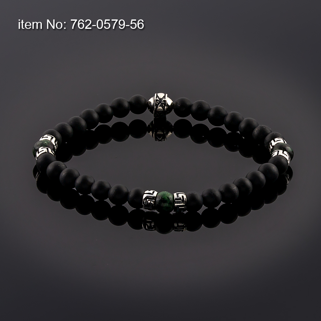 Βραχιόλι με Black Onyx και Hematite Χάντρες 6mm με ασημένιο σχέδιο μαίανδρος δεμένο με ελαστικό κορδόνι σιλικόνης