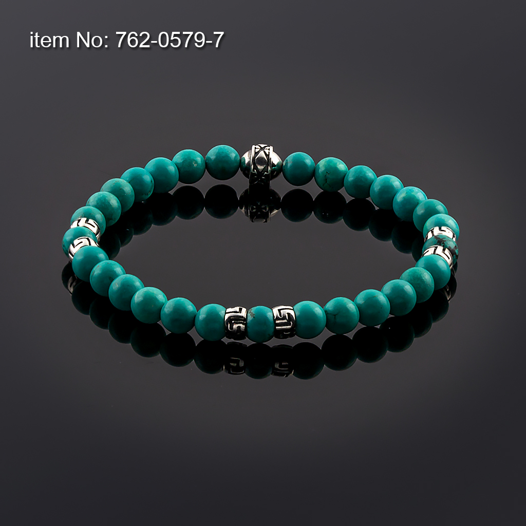Bracelet Turquoise Beads 6mm with sterling silver Greek Key design tied with elastic cord