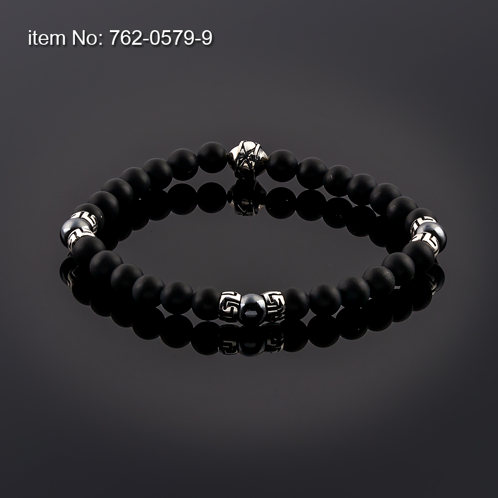 Βραχιόλι με Black Onyx Χάντρες 6mm με ασημένιο σχέδιο μαίανδρος δεμένο με ελαστικό κορδόνι σιλικόνης