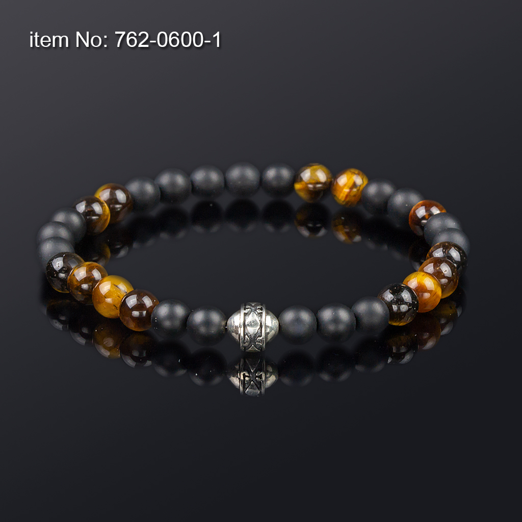 Βραχιόλι με onyx ματ και tiger eye 6 mm και μια ασημένια χάντρα δεμένο με ελαστικό κορδόνι σιλικόνης