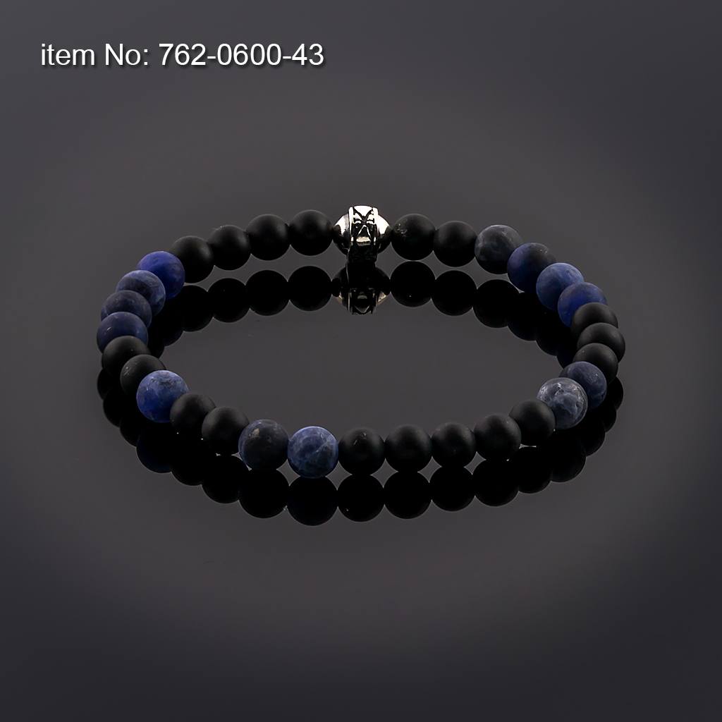 Βραχιόλι με Black Onyx και Lapis Lazuli 6 mm με ασημένια χάντρα δεμένο με ελαστικό κορδόνι σιλικόνης
