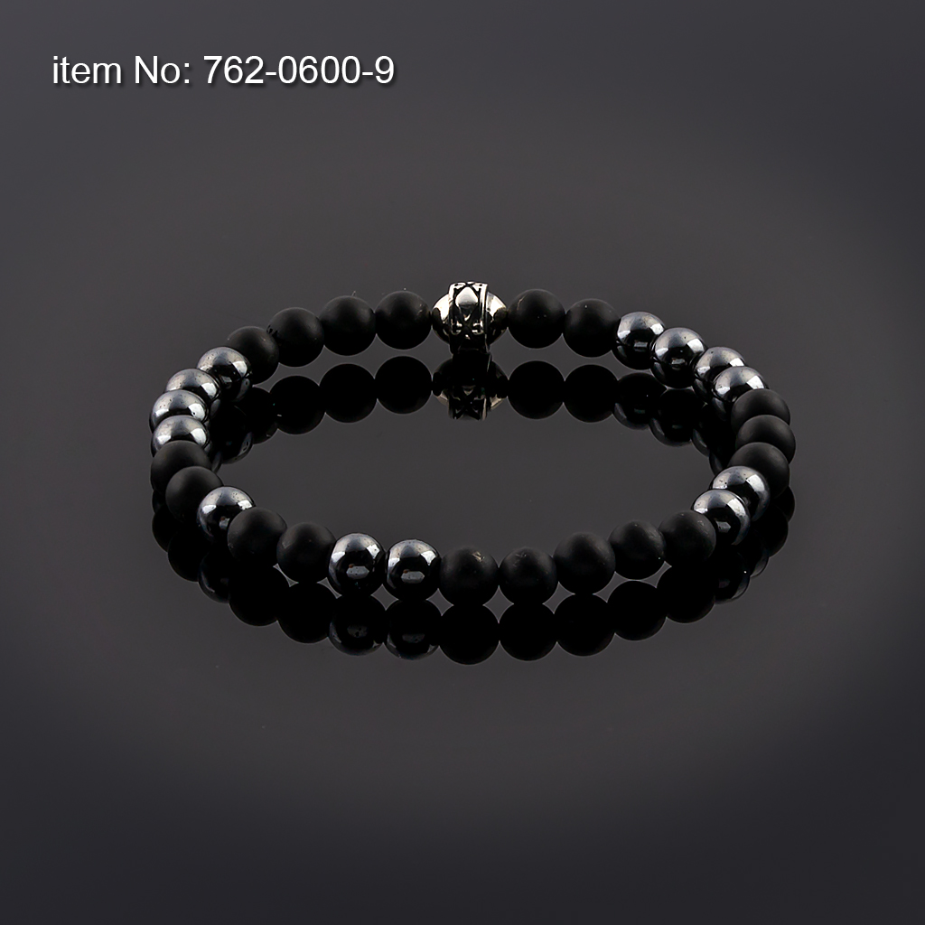 Βραχιόλι με Black Onyx και Obsidian 6 mm με ασημένια χάντρα δεμένο με ελαστικό κορδόνι σιλικόνης