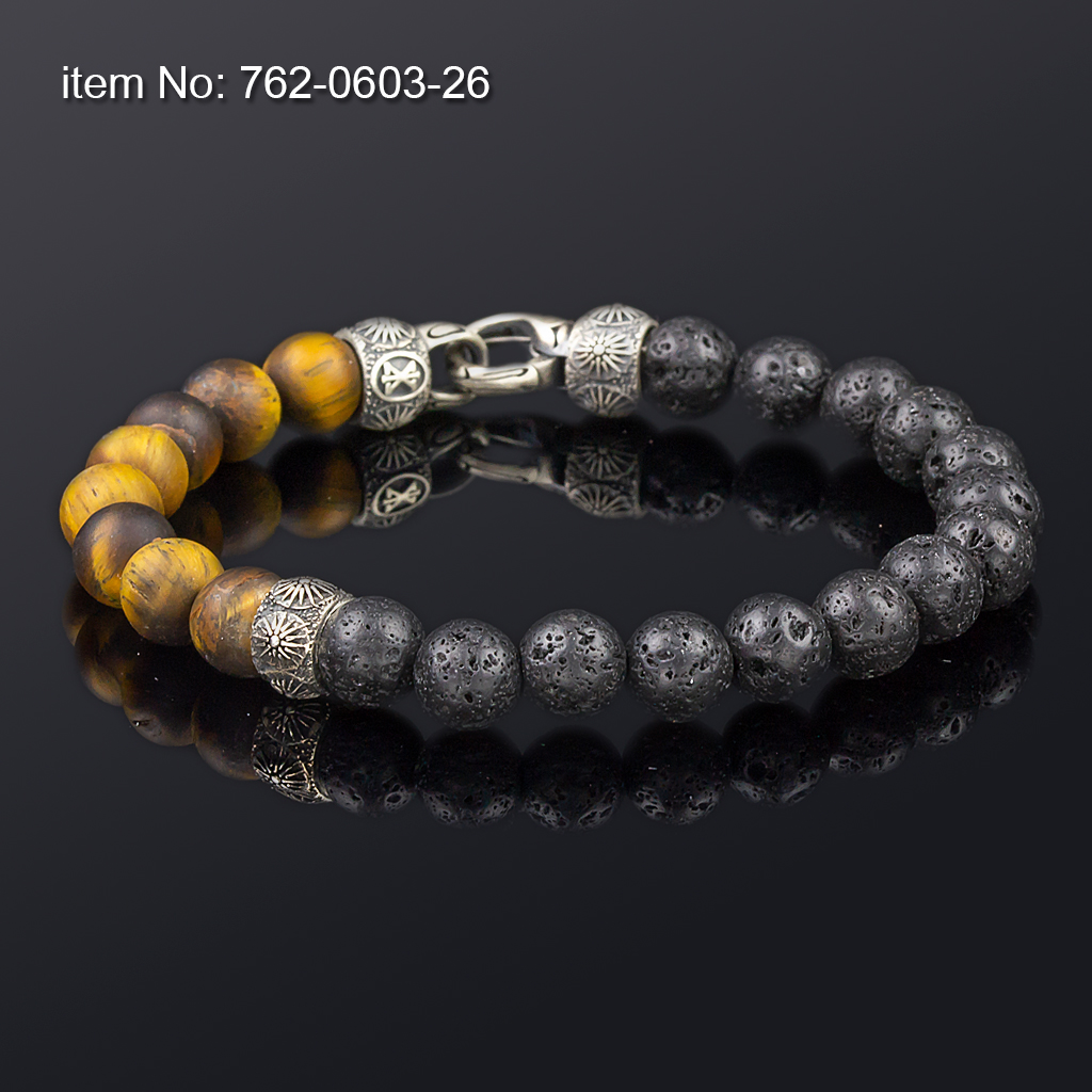 Ασημένιο βραχιόλι 925° με μοτίφ vergina sun, lava και tiger eye 8 mm