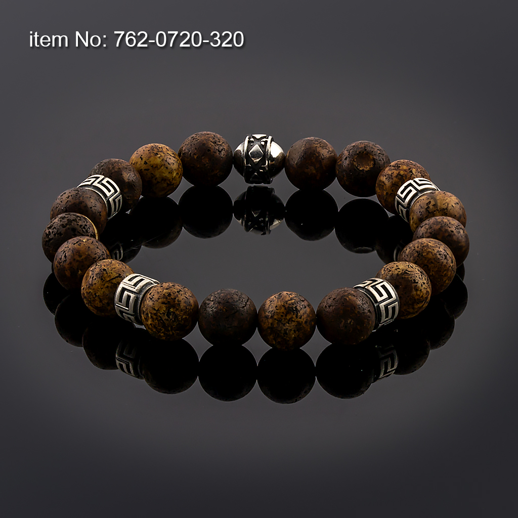 Sterling Silver Bracelet with meanders motif and 10mm Tiger Eye Beads flexible