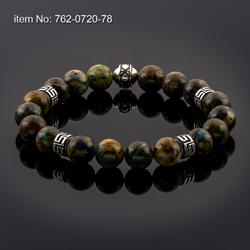 Sterling Silver Bracelet with meanders motif and 10mm Hematite Beads flexible