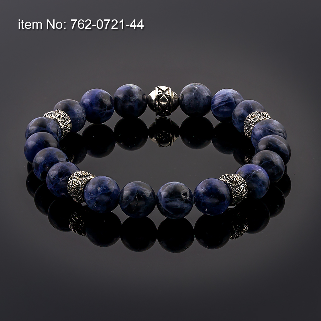 Sterling Silver Bracelet with vergina sun motifs and 10mm Lapis Lazuli Beads flexible