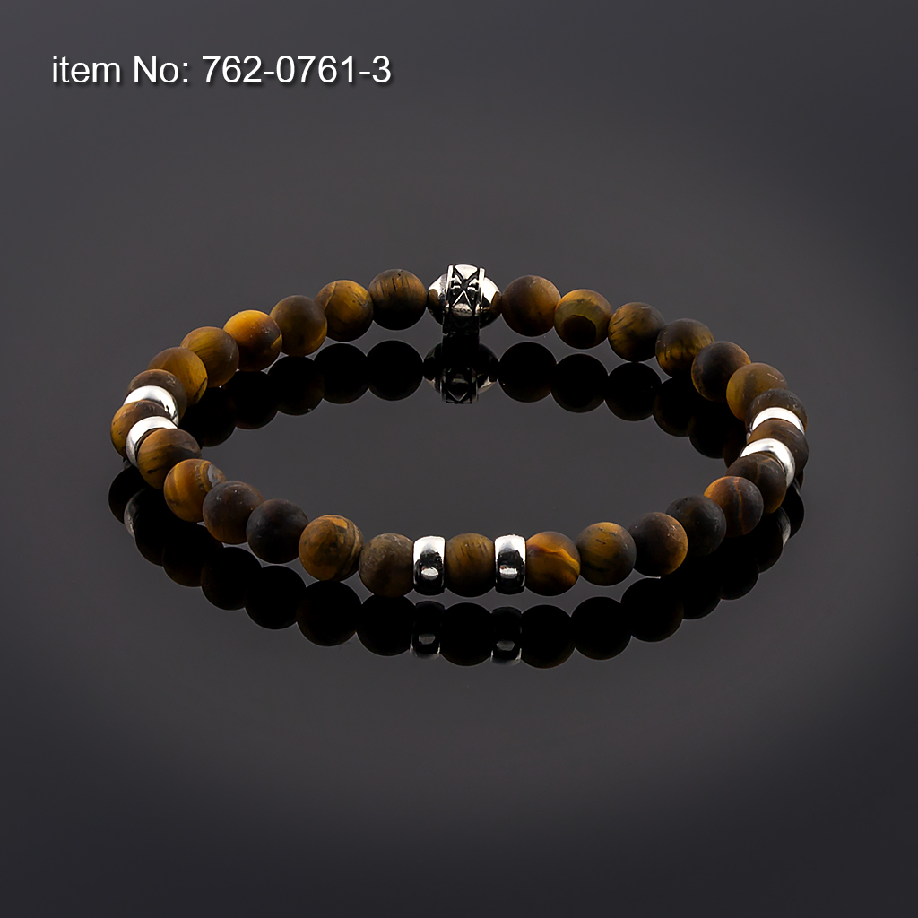Bracelet Tiger Eye Beads 6mm with sterling silver washers tied with elastic cord