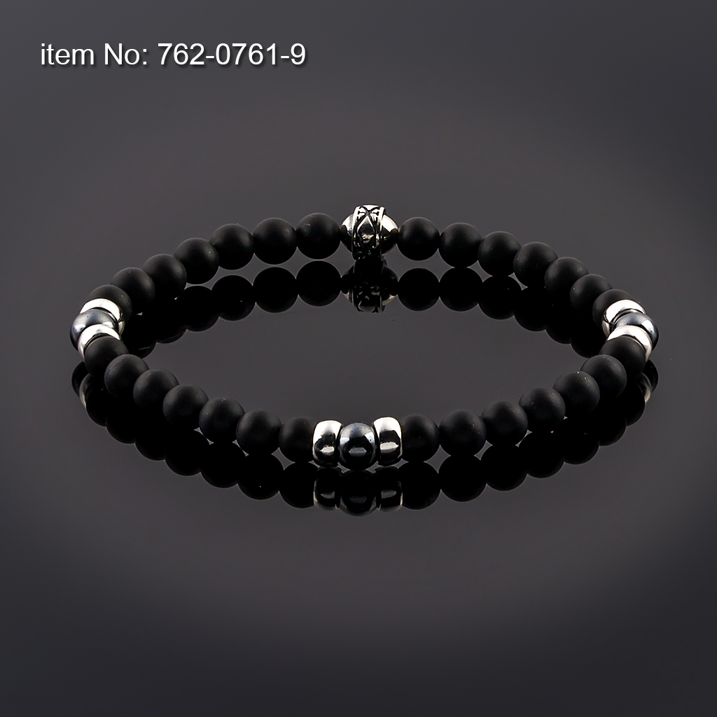 Bracelet Black Onyx and Obsidian Beads 6mm with sterling silver washers tied with elastic cord