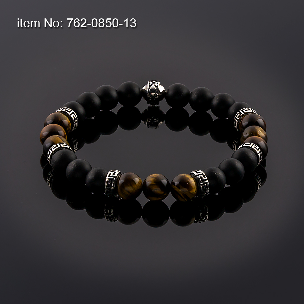 Βραχιόλι με Black Onyx και Tiger Eye Χάντρες 10mm με ασημένιο σχέδιο μαίανδρος δεμένο με ελαστικό κορδόνι σιλικόνης