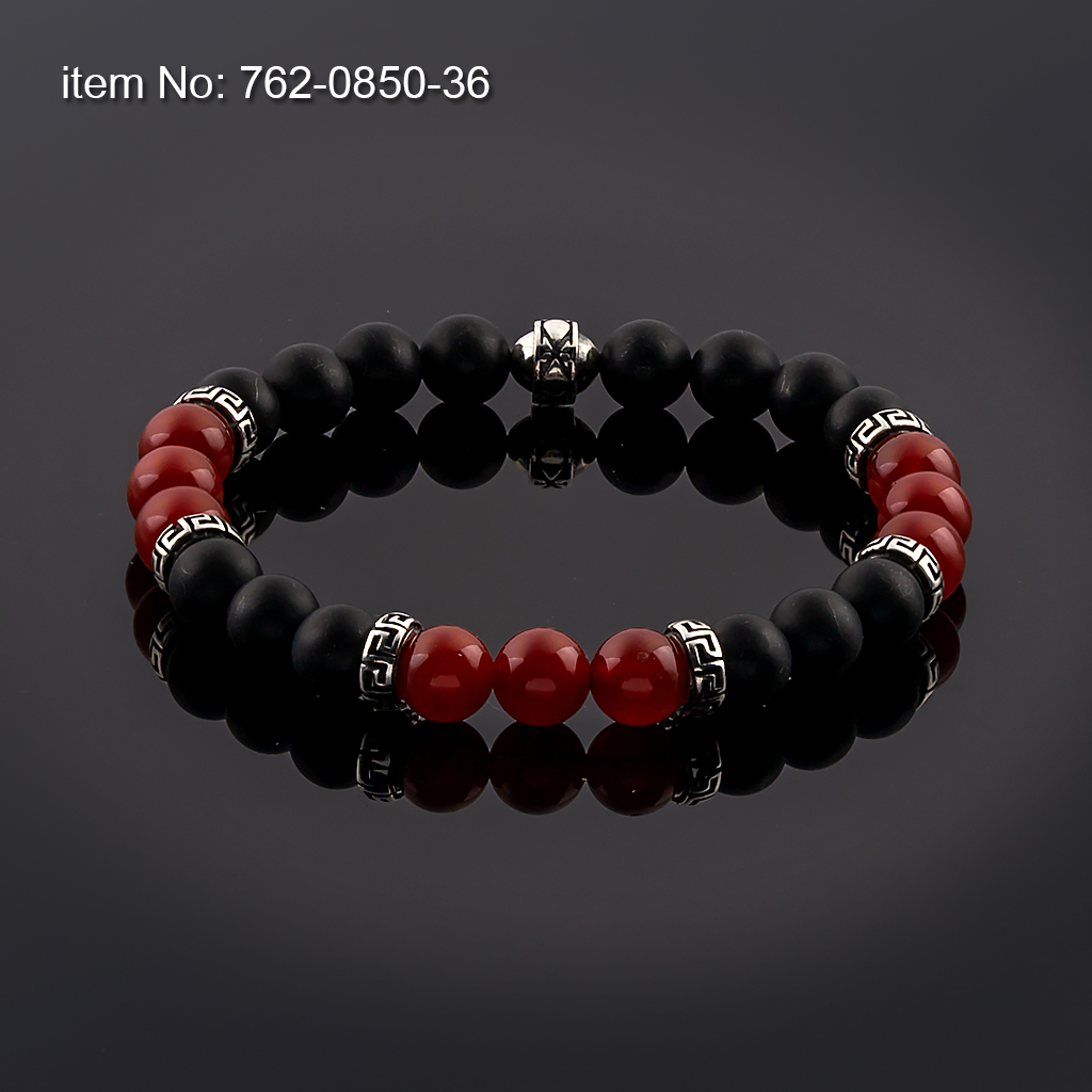 Bracelet Black Onyx and Garnet Beads 10mm with sterling silver Greek Key design tied with elastic cord