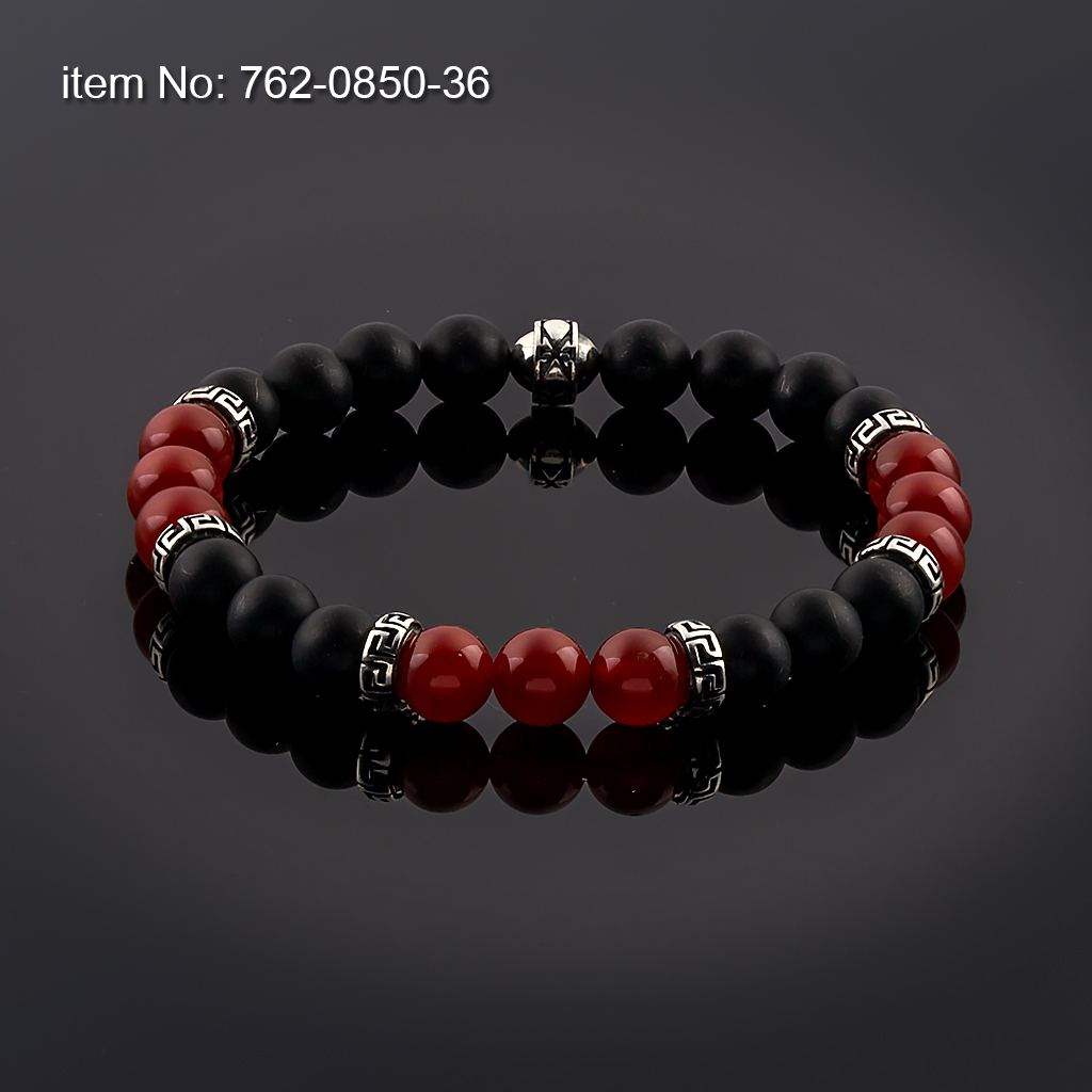 Βραχιόλι με Black Onyx και Garnet Χάντρες 10mm με ασημένιο σχέδιο μαίανδρος δεμένο με ελαστικό κορδόνι σιλικόνης