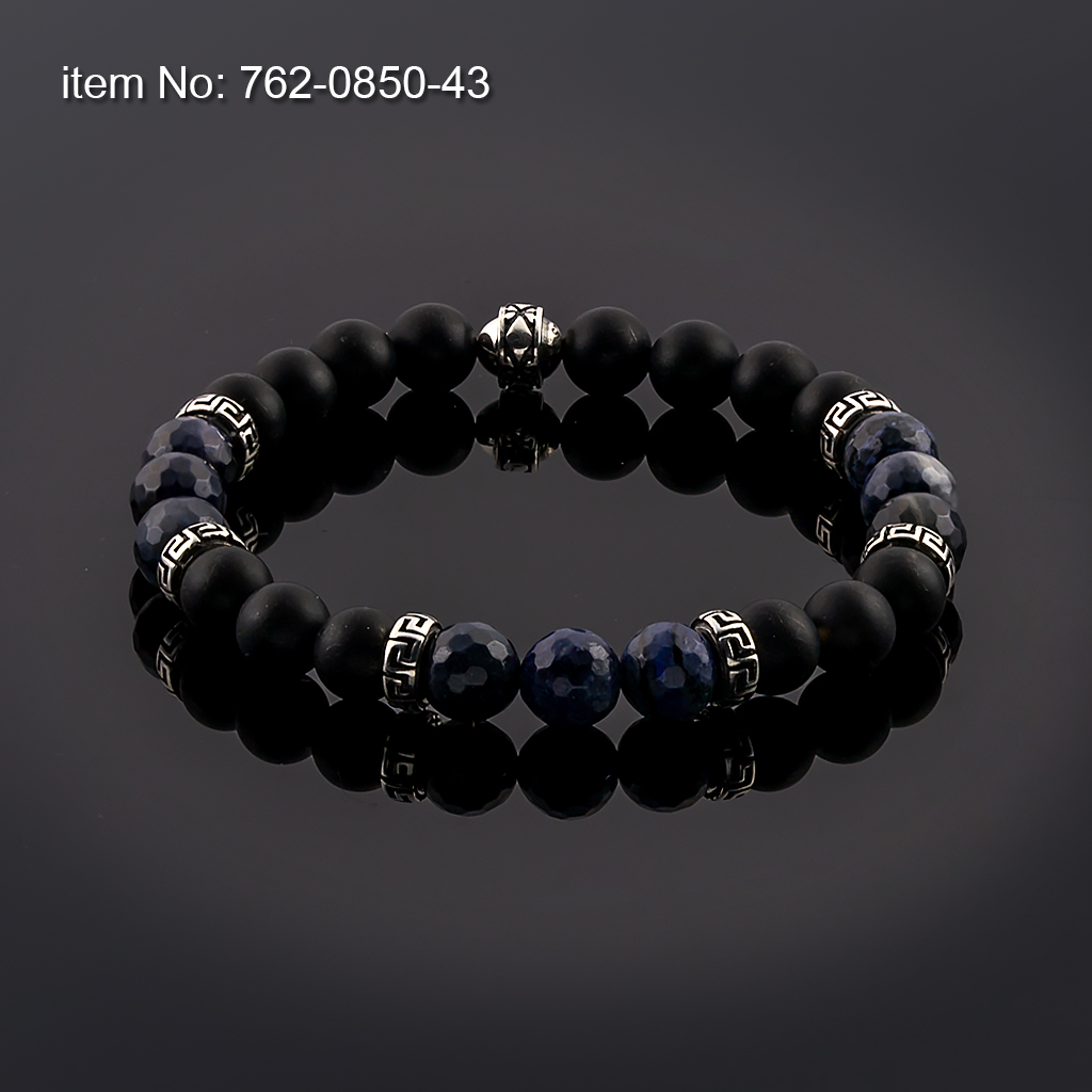 Bracelet Black Onyx and Lapis Lazuli Beads 10mm with sterling silver Greek Key design tied with elastic cord