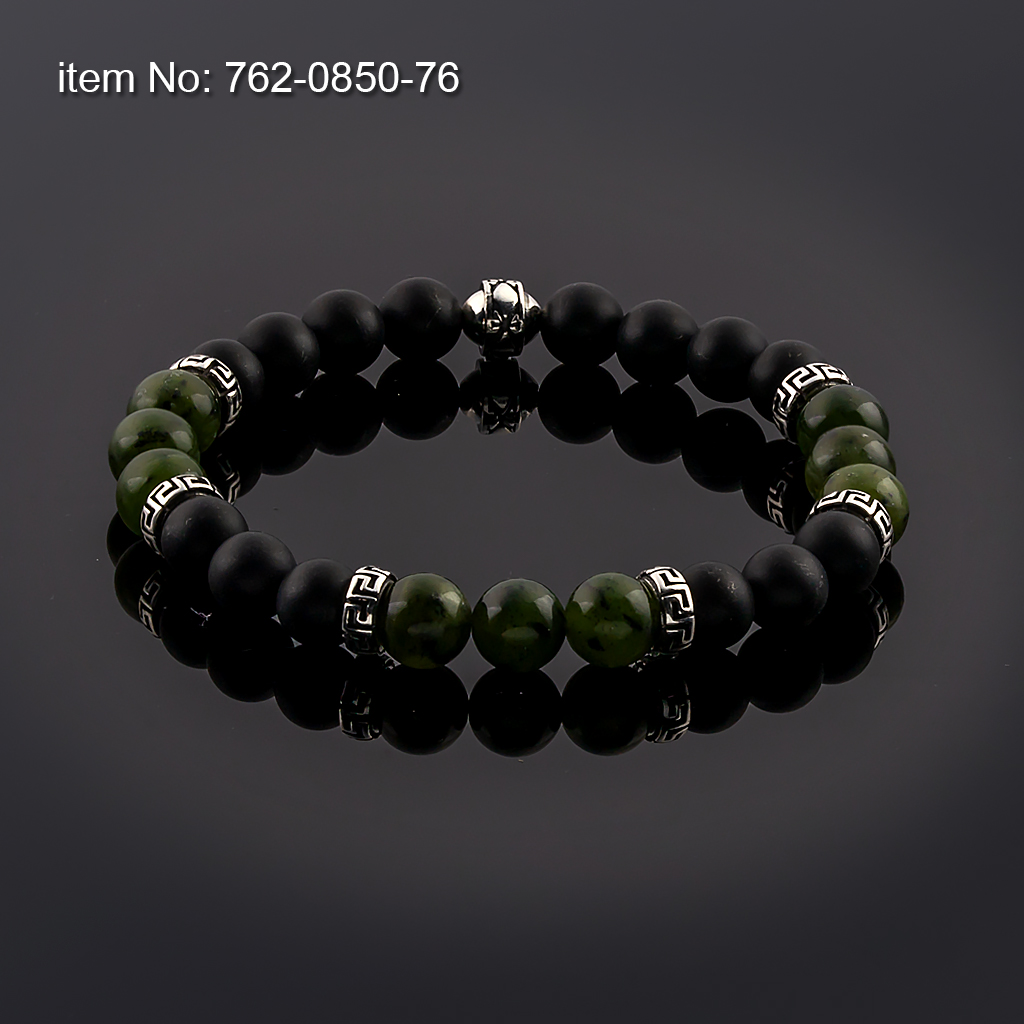 Bracelet Black Onyx and Canadian Jade Beads 10mm with sterling silver Greek Key design tied with elastic cord